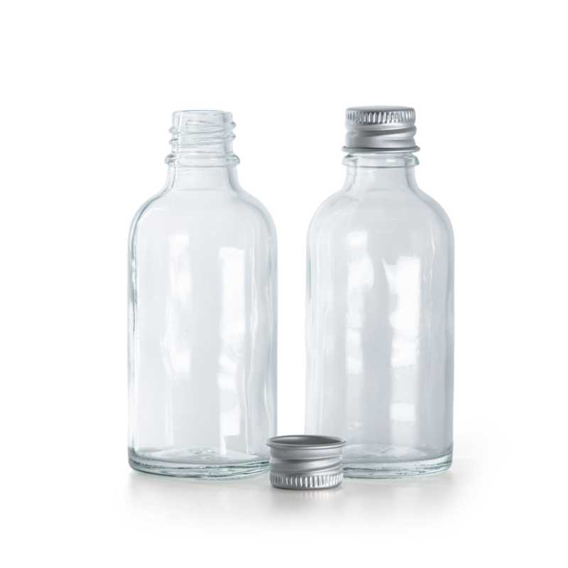 Flacon en verre transparent, bouchon en aluminium, 30 ml