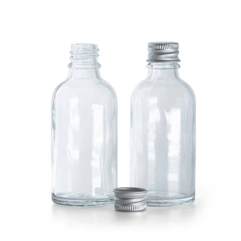Flacon en verre transparent, bouchon en aluminium, 50 ml