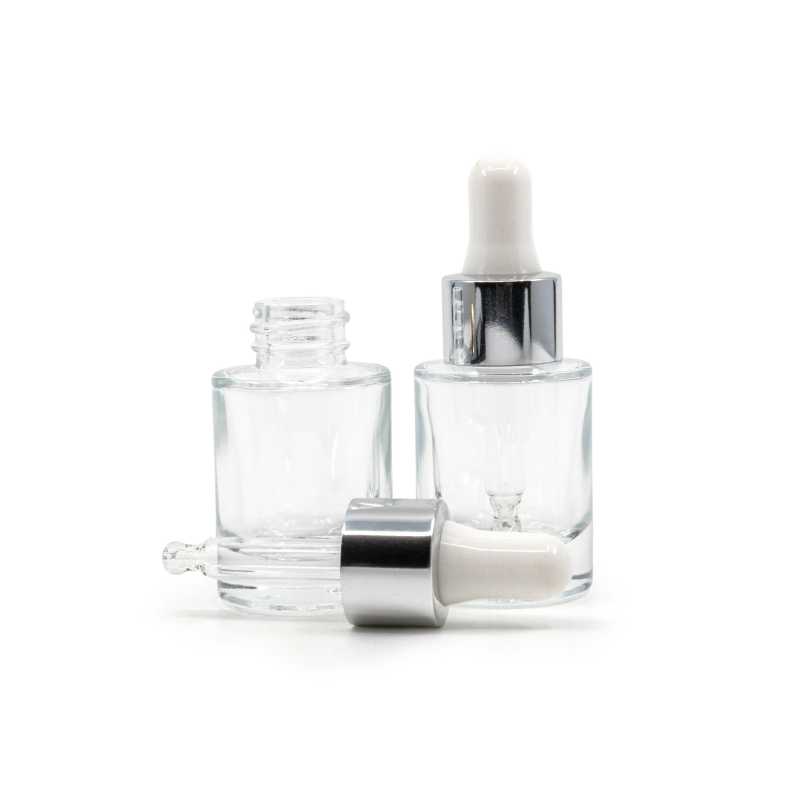 Flacon en verre transparent, fond épais, compte-gouttes blanc argenté, 10 ml