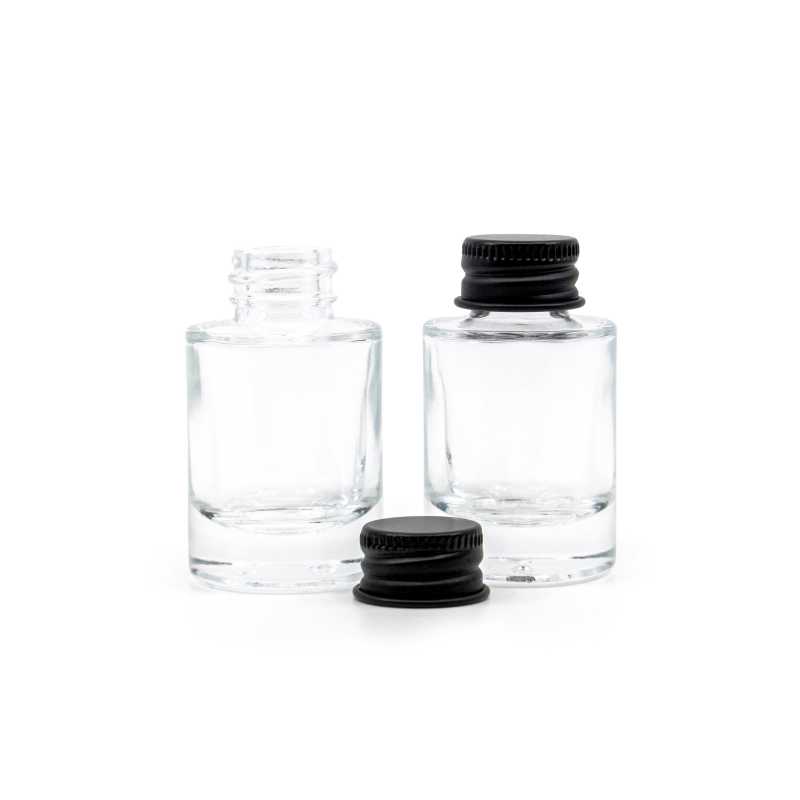 Flacon en verre transparent, fond épais, bouchon en aluminium noir, 10 ml