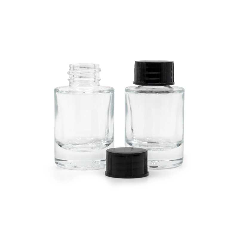 Flacon en verre transparent, fond épais, bouchon noir, 10 ml