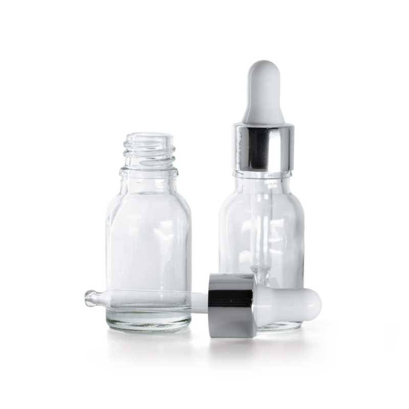 Flacon en verre transparent avec pipette argentée brillante 15 ml
