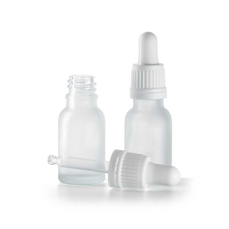 Flacon compte-gouttes en verre clair dépoli pipette blanche 15 ml