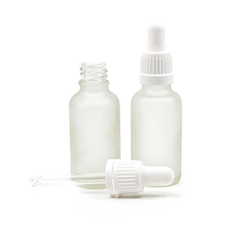 Flacon en verre givré transparent, compte-gouttes blanc, 30 ml