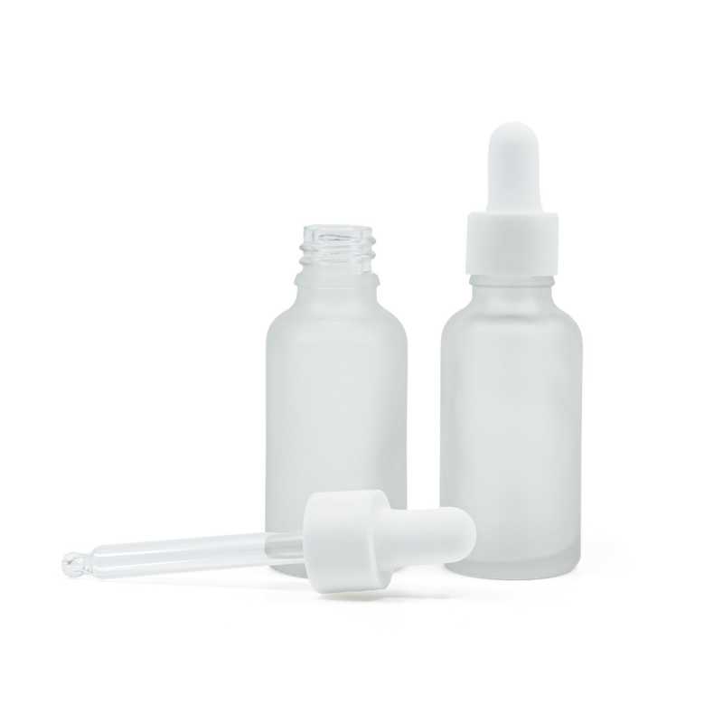 Flacon en verre givré transparent, compte-gouttes blanc lisse et mat, 30 ml