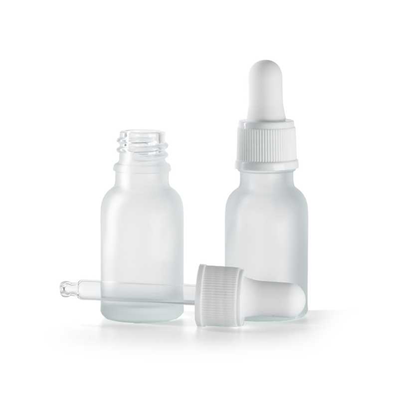 Flacon en verre transparent givré, compte-gouttes blanc mat, 15 ml