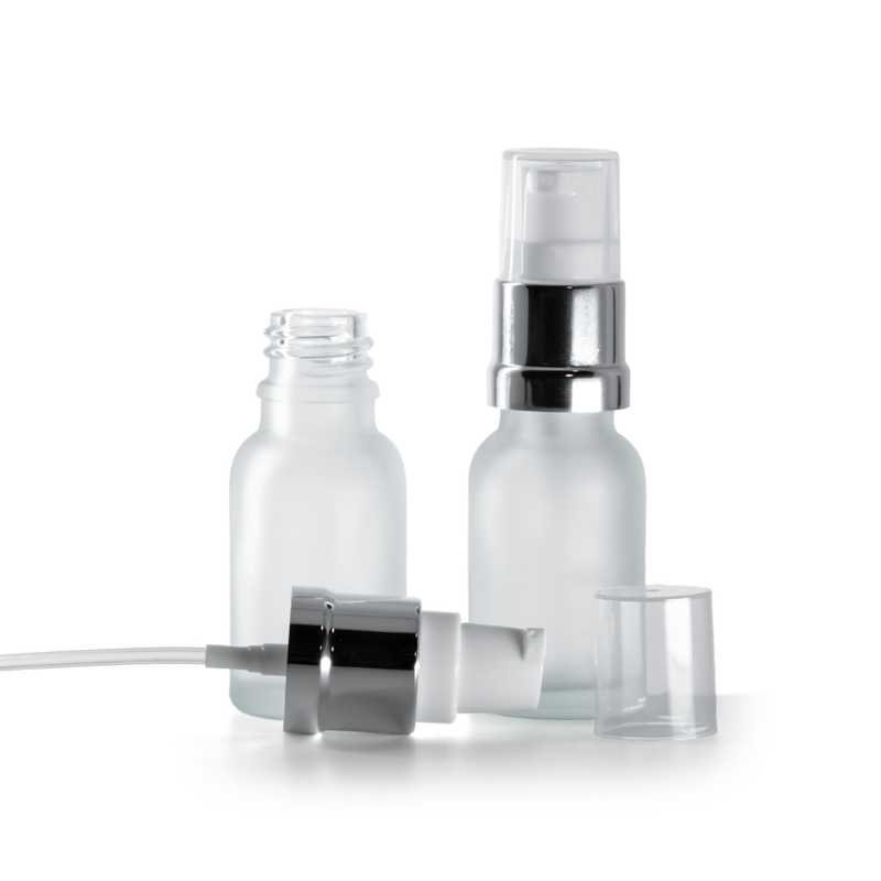 Flacon en verre transparent dépoli, pompe brillante blanc argenté, 15 ml