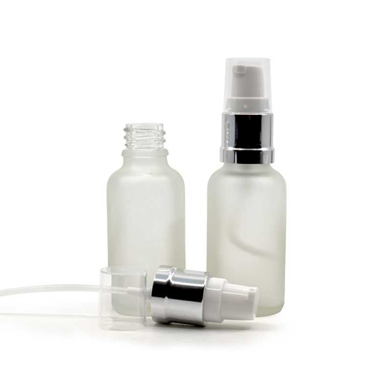 Flacon en verre givré transparent, pompe en argent blanc brillant, 30 ml
