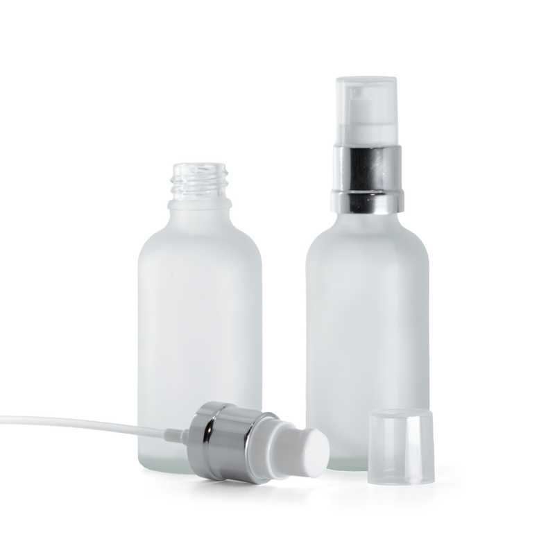 Flacon en verre givré transparent, pompe en argent blanc brillant, 50 ml