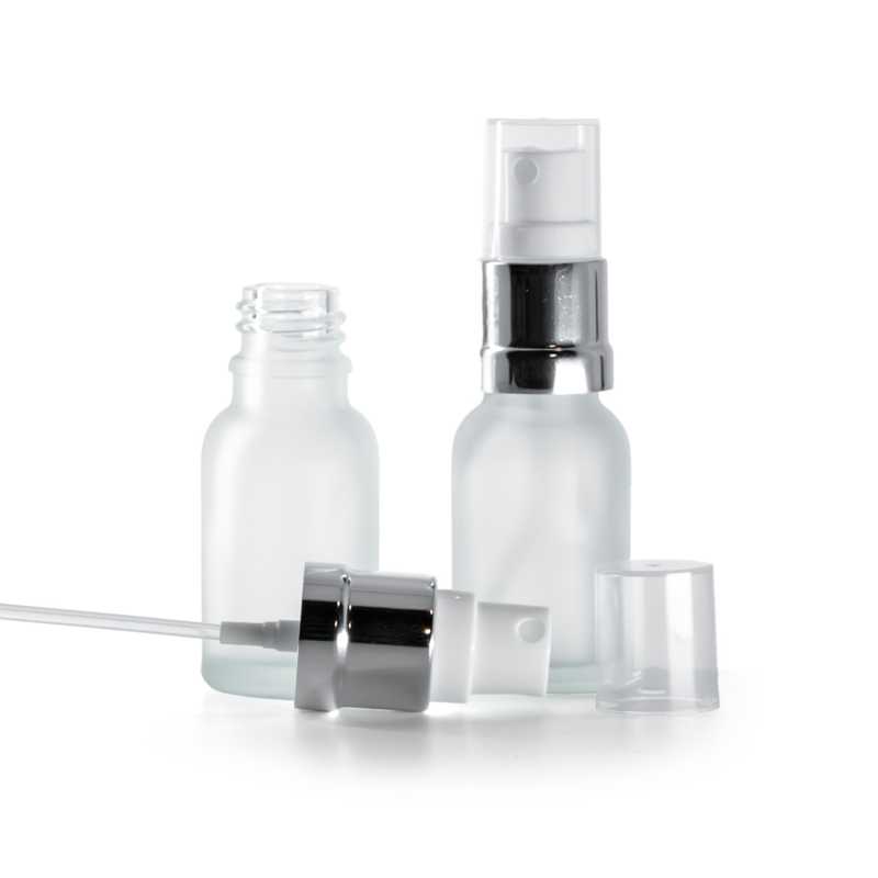 Flacon en verre dépoli transparent avec pompe spray blanc argenté 15 ml