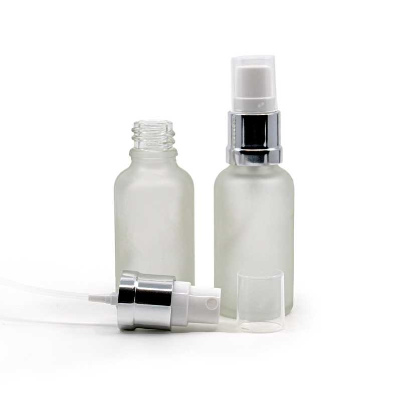 Flacon en verre givré transparent, spray blanc argenté brillant, 30 ml