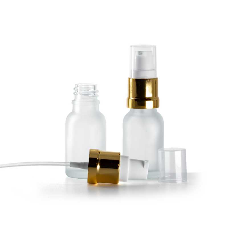Flacon en verre clair mat, pompe brillante blanc doré, 15 ml