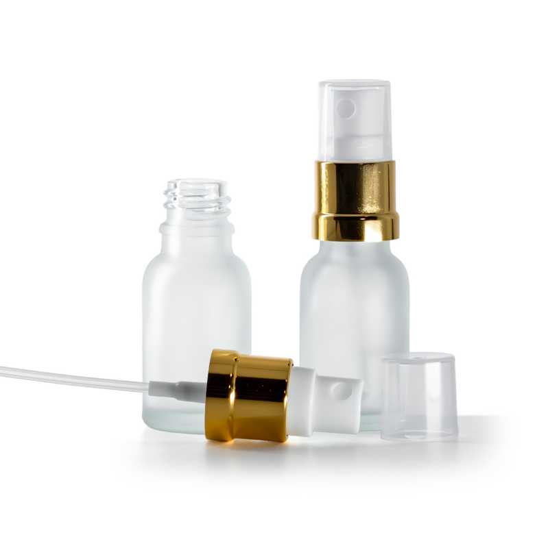 Flacon en verre dépoli transparent avec pompe spray blanc or, 15 ml