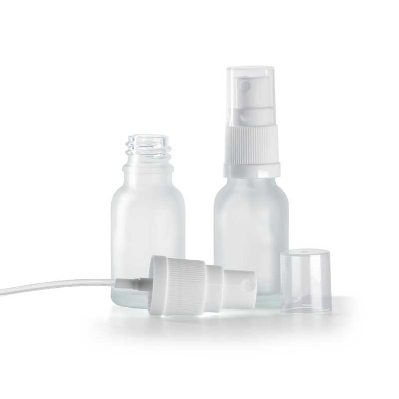Flacon en verre givré transparent, pompe spray blanche, 15 ml