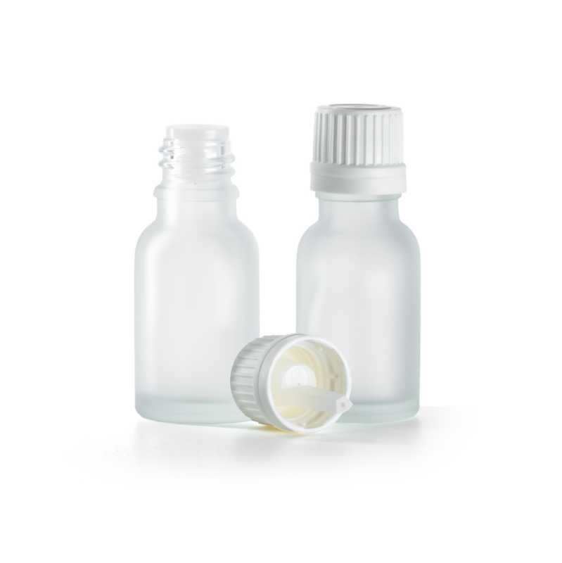 Flacon en verre dépoli transparent avec bouchon compte-gouttes inviolable blanc, 15 ml