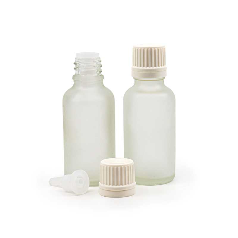 Flacon en verre givré transparent, bouchon blanc inviolable et compte-gouttes, 30 ml