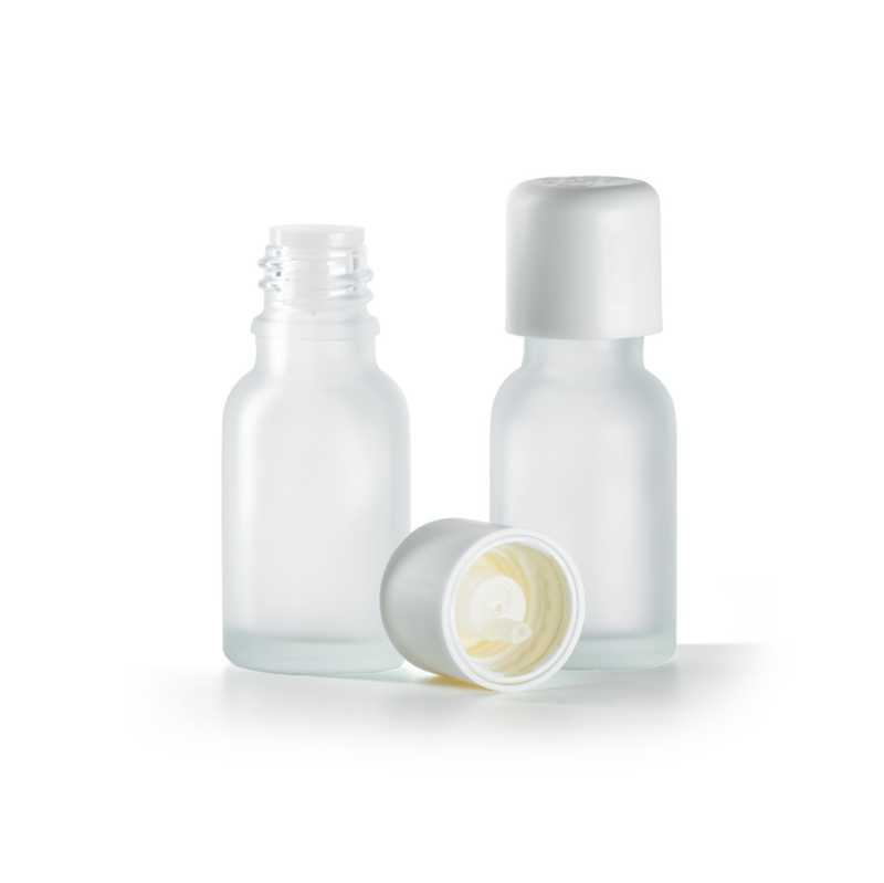 Flacon en verre dépoli transparent avec bouchon de sécurité et compte-gouttes blancs, 15 ml