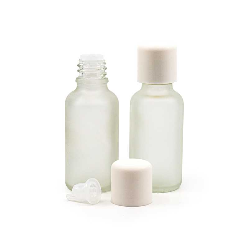 Flacon en verre givré transparent, bouchon de sécurité blanc et compte-gouttes, 30 ml