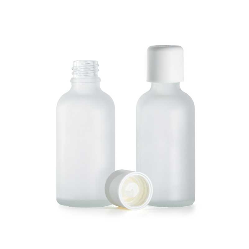 Flacon en verre givré transparent, bouchon de sécurité blanc et compte-gouttes, 50 ml