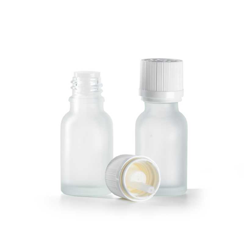 Flacon en verre dépoli transparent, bouchon inviolable blanc avec compte-gouttes, 15 ml