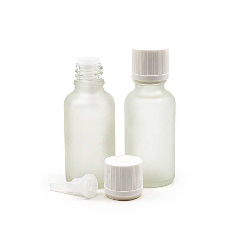 Flacon en verre clair givré, bouchon de sécurité blanc inviolable et compte-gouttes, 30 ml