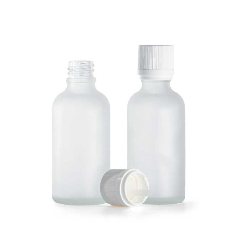 Flacon en verre clair givré, bouchon de sécurité blanc inviolable et compte-gouttes, 50 ml