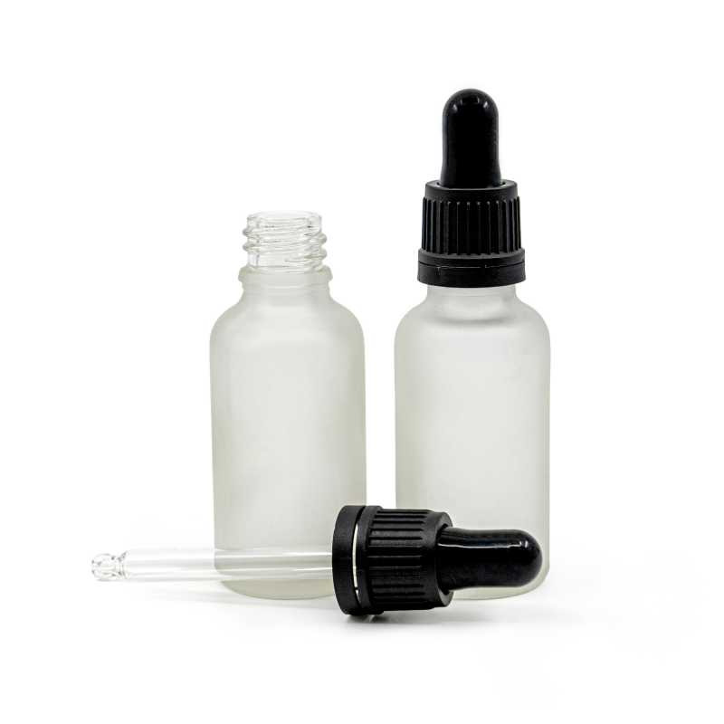 Flacon en verre givré transparent, compte-gouttes noir inviolable, 30 ml