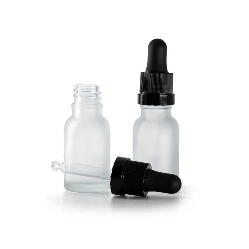 Flacon en verre dépoli transparent, compte-gouttes noir mat avec bague brillante, 15 ml