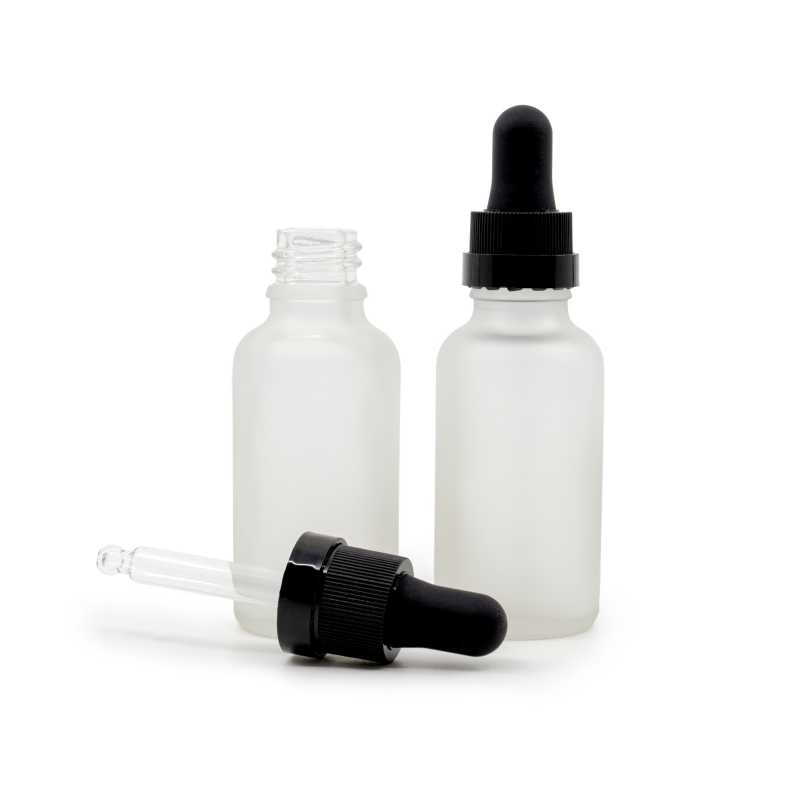 Flacon en verre givré transparent, compte-gouttes noir mat avec bande brillante, 30 ml