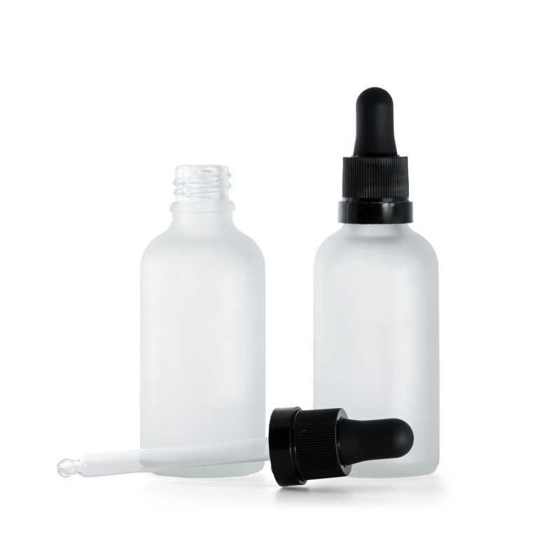 Flacon en verre givré transparent, compte-gouttes noir mat avec bande brillante, 50 ml