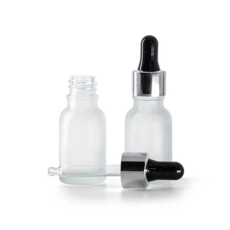 Flacon en verre clair dépoli avec pipette noir argenté, 15 ml