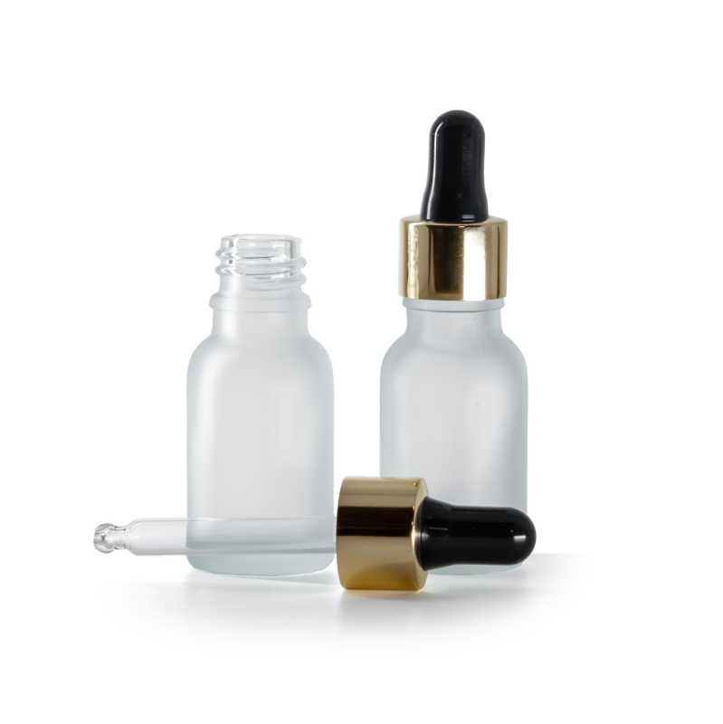 Flacon en verre dépoli transparent avec pipette noir et or 15 ml