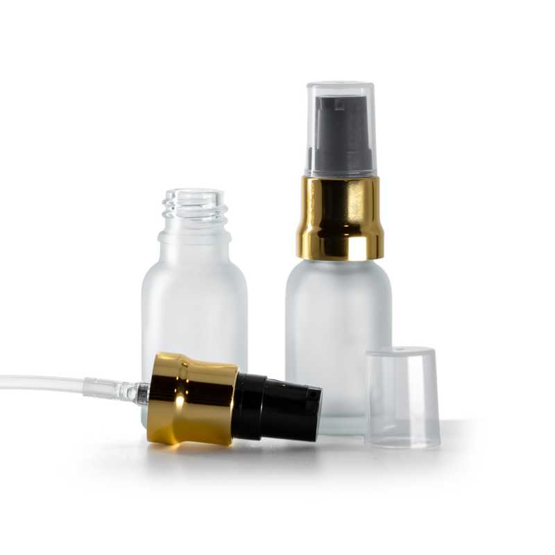 Flacon en verre givré transparent, pompe noire dorée brillante avec bouchon transparent, 15 ml