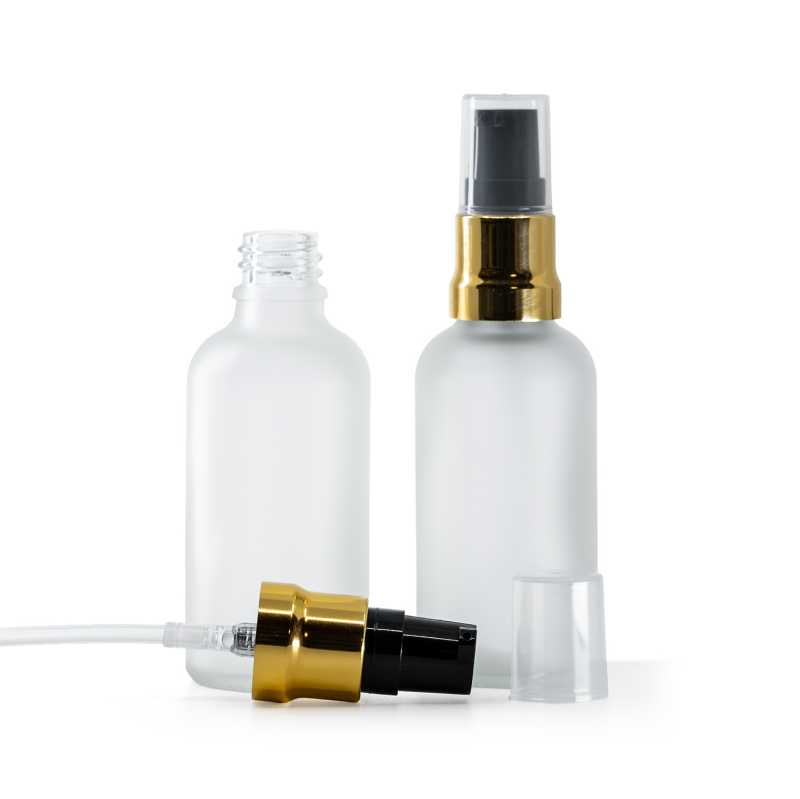Flacon en verre givré transparent, pompe noire dorée brillante avec bouchon transparent, 50 ml