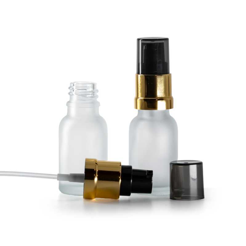 Flacon en verre transparent mat, pompe noire et dorée brillante avec surcapuchon fumé, 15 ml