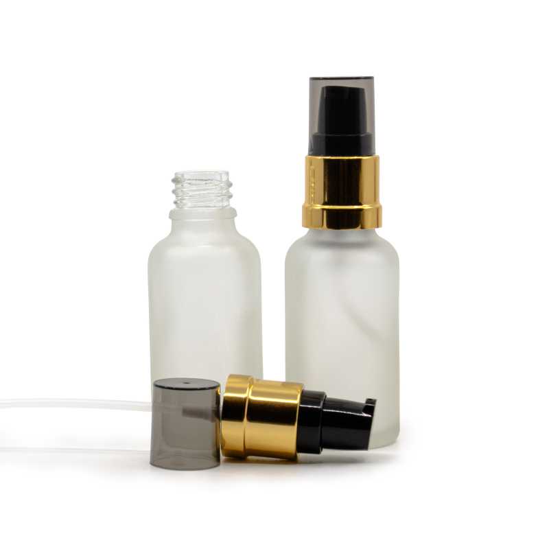Flacon en verre transparent dépoli, distributeur noir et or brillant avec surcapuchon fumé, 30 ml