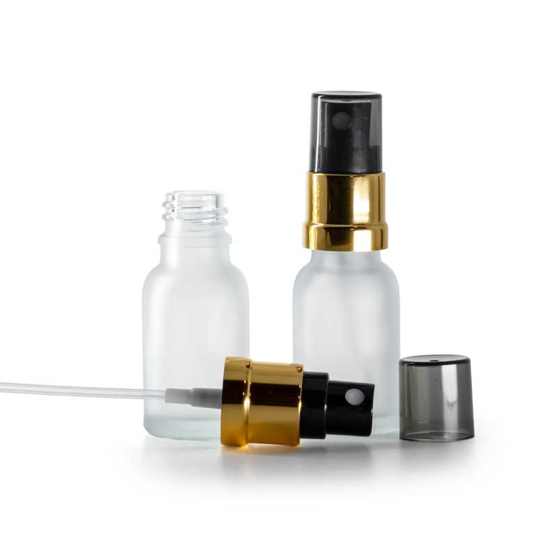 Flacon en verre givré transparent, spray brume fine noir et or, surcapuchon fumé, 15 ml