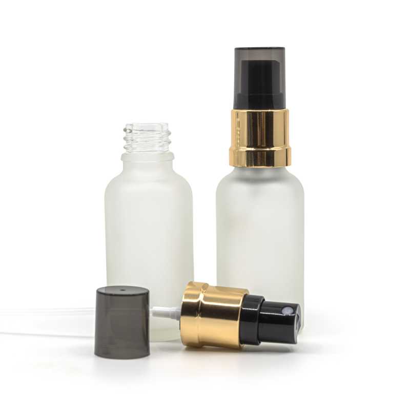 Flacon en verre givré transparent, pompe spray noire avec bague or brillante, capot fumé, 30 ml