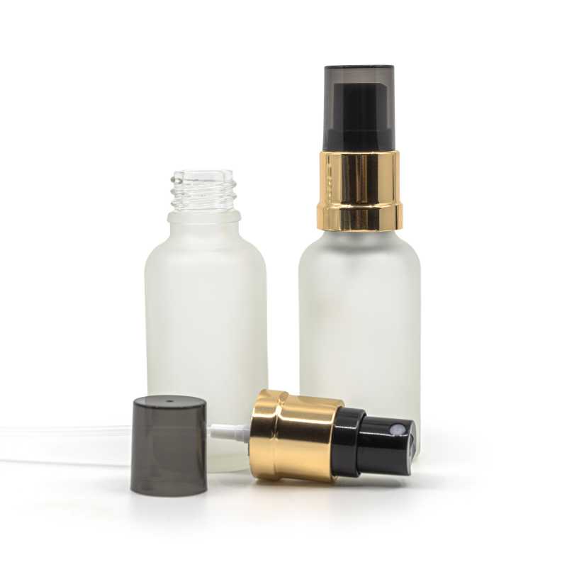 Flacon en verre givré transparent, spray noir or brillant, surcapuchon fumé, 30 ml