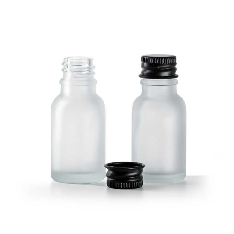 Flacon en verre transparent dépoli, capsule en aluminium noire, 15 ml