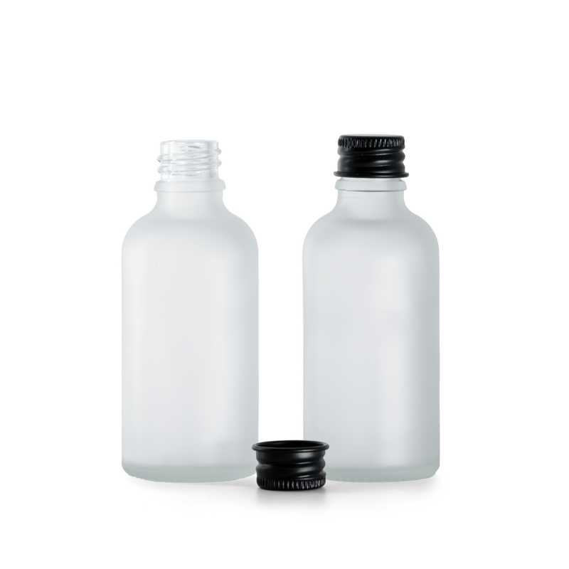 Bouteille en verre givré transparent, bouchon en aluminium noir, 50 ml