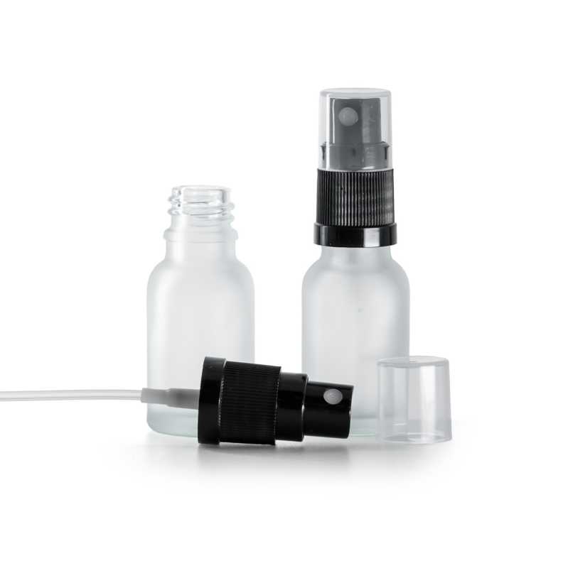 Flacon en verre dépoli transparent avec pompe spray noire 15 ml