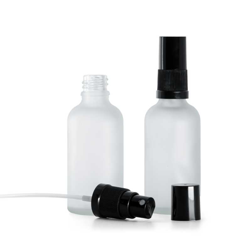 Flacon en verre givré transparent, vaporisateur noir pour brume fine, bouchon noir, 50 ml