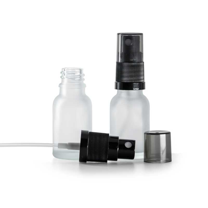 Flacon en verre transparent dépoli, spray brume fine noir, surcapuchon fumé, 15 ml