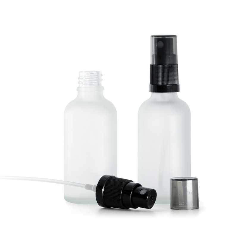 Flacon en verre dépoli transparent, spray brume fine noir avec surcapuchon fumé, 50 ml