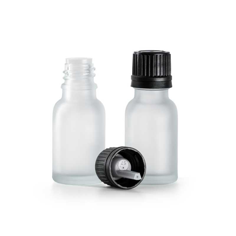 Flacon en verre transparent dépoli avec bouchon compte-gouttes noir 15 ml