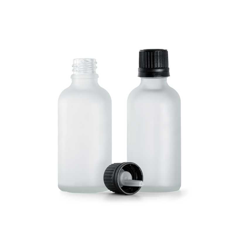 Flacon en verre givré transparent, bouchon noir et compte-gouttes, 50 ml