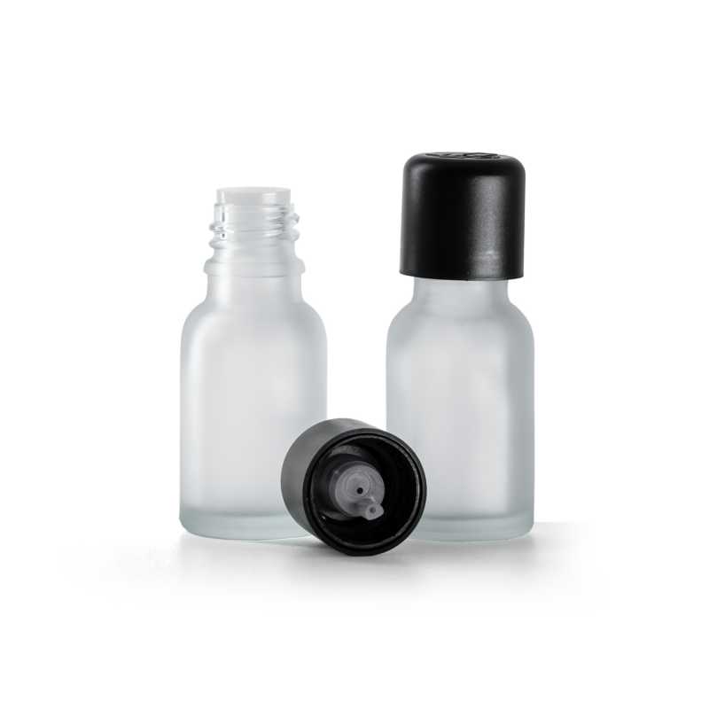 Flacon en verre transparent dépoli avec bouchon de sécurité inviolable noir et compte-gouttes 15 ml