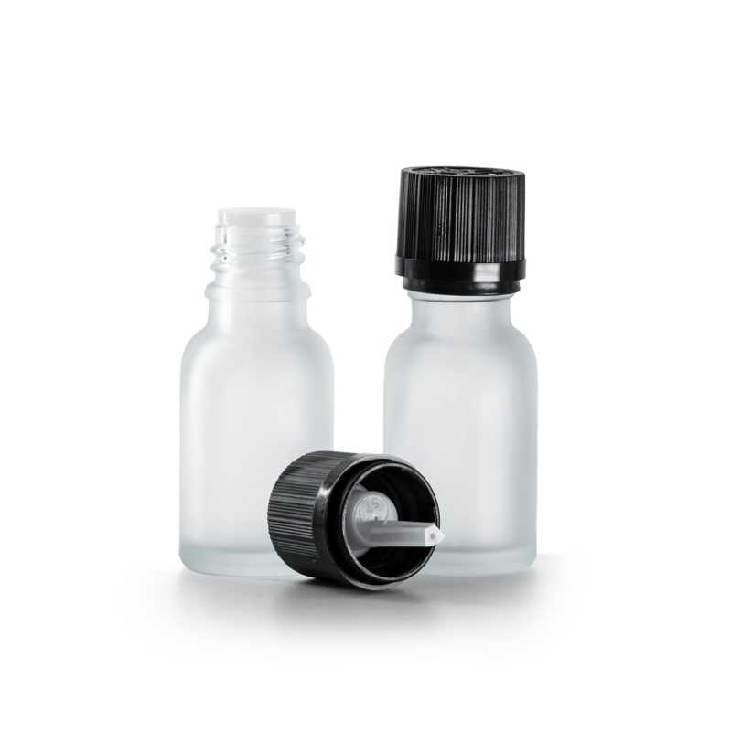 Flacon en verre givré transparent, bouchon de sécurité noir avec compte-gouttes 15 ml