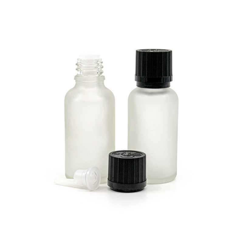 Flacon en verre givré transparent, bouchon de sécurité noir et compte-gouttes 30 ml